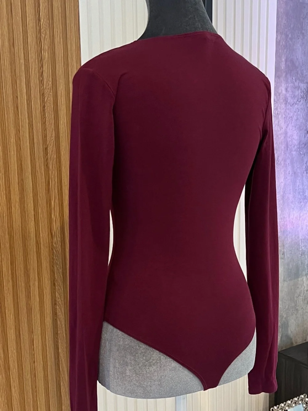Express One Eleven Burgundy Deep V Bodysuit XS Long Sleeve Fitted Stretch Top